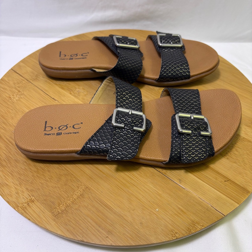 b.o.c. Born Concept Womens 7M Black Double Buckle Slide Sandals Comfort Shoes